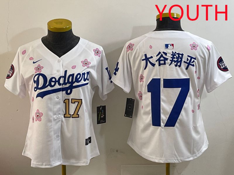 Youth Los Angeles Dodgers #17 Ohtani White Sakura Edition 2025 Nike MLB Jersey style 14->youth mlb jersey->Youth Jersey